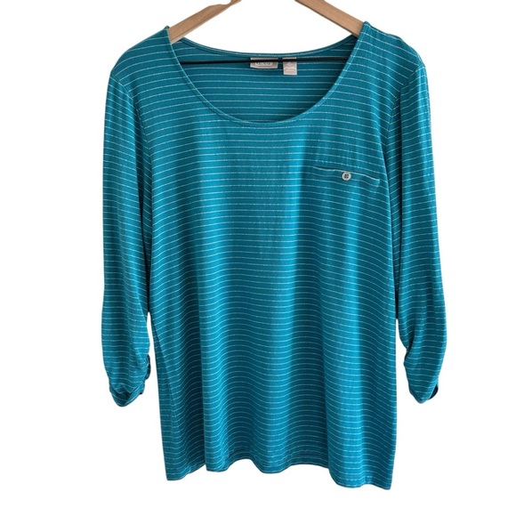 Chico’s Blue Metallic Top Silver Stripes 3/4 Ruched Sleeves Size Large *Flawed* - Picture 1 of 16